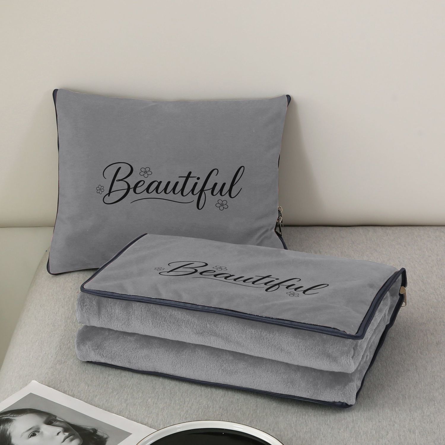 Throw Pillow - Soft Gray Velvet Pillow Blanket with