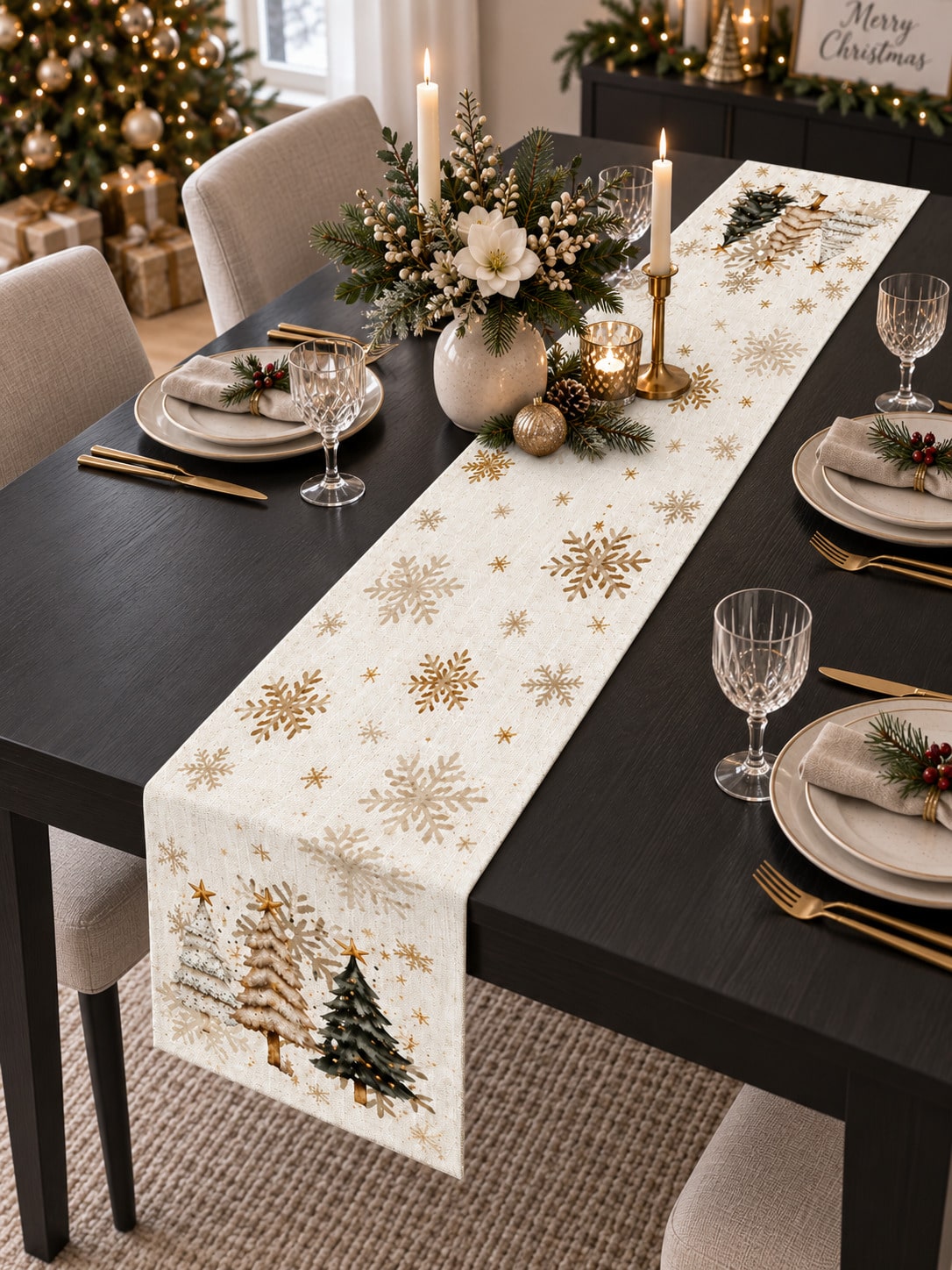 Table Runner - Christmas Table Runner, Gold Snowflake, Vintage
