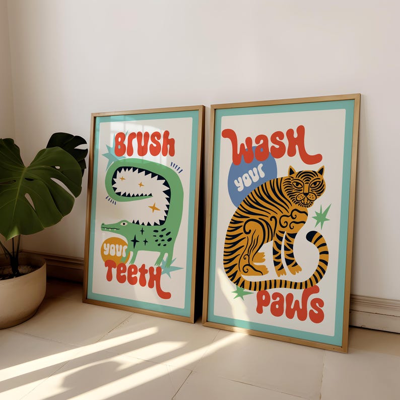2pcs/set Tiger Wash Your Paws  - Abstract Canvas Set ulasan dan harga